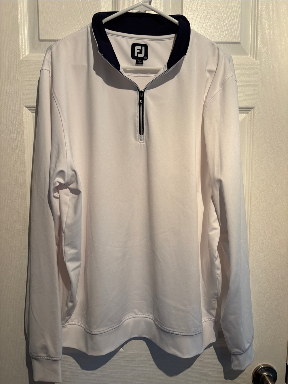 FootJoy White Quarter-Zip Pullover with Navy Collar